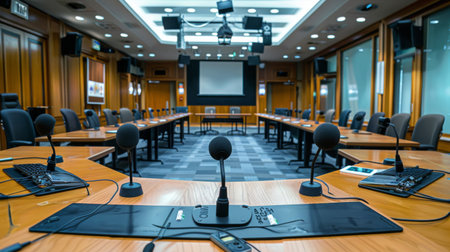 A conference room setup with tabletop microphones for participants during discussions.の素材