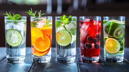 A concept image of hydration, with a row of water glasses filled with different flavored waters.の素材