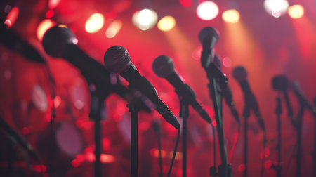 A choir performing on stage, with microphone stands arranged for each vocalist.の素材