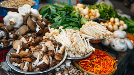 Colorful array of fresh mushrooms and greens for vegetarian hot pot cooking.の素材