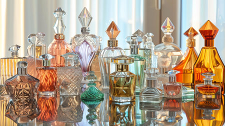 Perfume bottles of various shapes and sizes arranged artistically on a mirrored surface.の素材