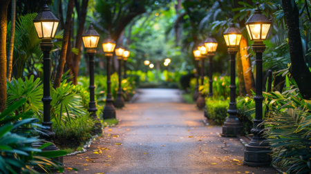 A beautiful garden path lit by elegant garden lamps at dusk.の素材