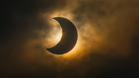 A close-up of a solar eclipse with the moon partially covering the sun in the sky.の素材