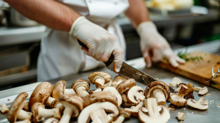 A chef chopping mushrooms in a professional kitchen, ready to prepare a gourmet dish.の素材
