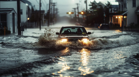 A car driving through a flooded street during a flash flood caused by a storm.の素材