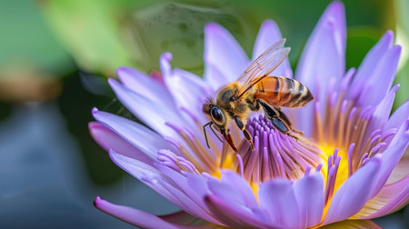 A bee collecting nectar from a blooming lotus flower.の素材