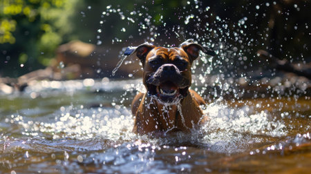 A boxer dog splashing joyfully in a shallow stream of water on a hot summer day.の素材