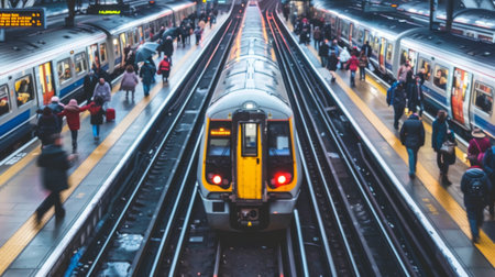A commuter train arriving at a busy station platform with passengers boarding and exiting.の素材