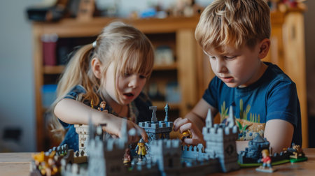 A boy and girl playing with a toy castle, acting out medieval adventures with figurines.の素材