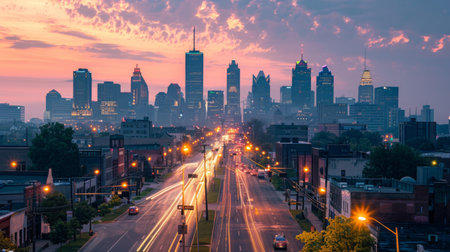 A city skyline with multiple traffic lights visible along a busy downtown avenue.の素材
