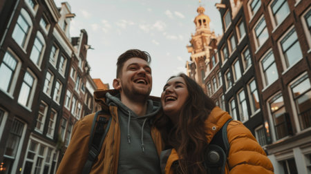 A couple standing in front of a famous city landmark, looking excited to explore.の素材