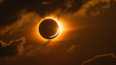 A close-up of a solar eclipse with the moon partially covering the sun in the sky.の素材