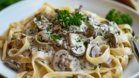 A delicious pasta dish topped with a creamy mushroom sauce and fresh parsley.の素材