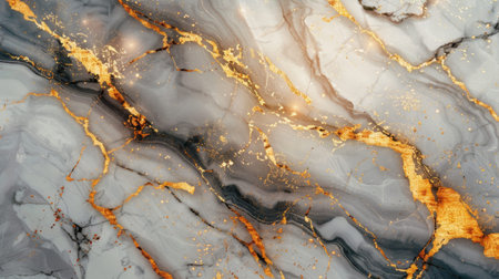 A detailed close-up of a beautiful marble texture with veins of gold and gray.の素材