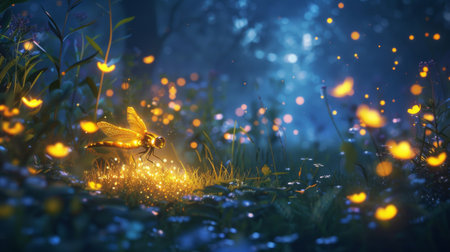 A firefly glowing in the dusk, creating a magical ambiance.の素材