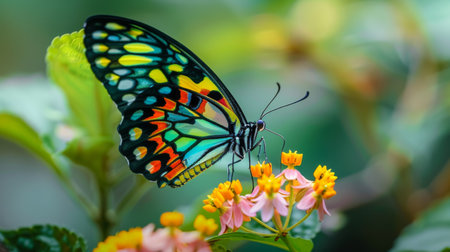 A detailed macro shot of a colorful butterfly perched on a flower.の素材