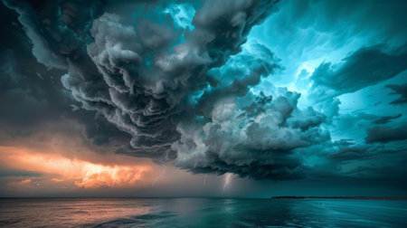 A dramatic thunderstorm brewing with dark clouds covering the sky.の素材