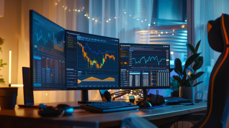 A desktop computer screen with multiple gold market graphs and financial news.の素材