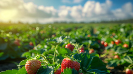 A field of ripe strawberries ready for picking on a sunny day.の素材