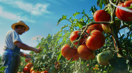 A farmer picking ripe tomatoes from vines in a sunny field under clear blue skies.の素材