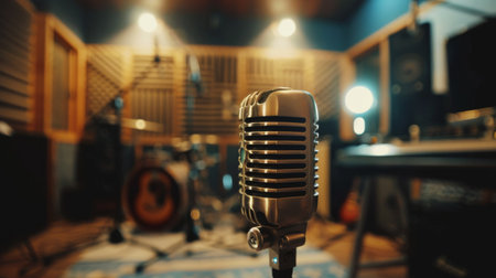A dynamic microphone in a recording studio, positioned for vocal recording sessions.の素材