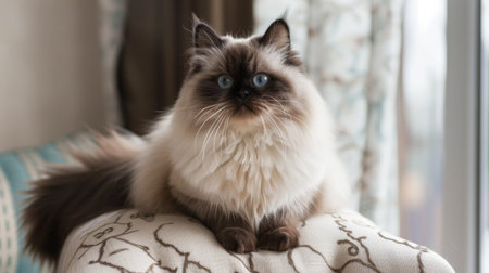 A fluffy Himalayan cat with a round face and fluffy tail, sitting on a pillow.の素材