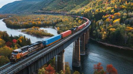 A freight train transporting cargo containers across a long railway bridge over a river.の素材
