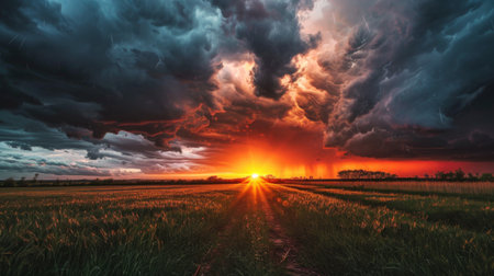 A dramatic sunset breaking through storm clouds after heavy rainfall.の素材