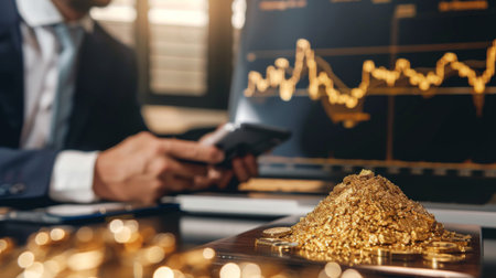 A financial advisor explaining a gold price graph to a client in an office setting.の素材