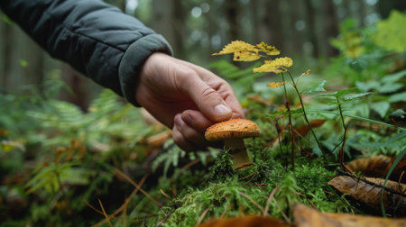 A hand picking a wild mushroom from the forest floor, surrounded by greenery.の素材