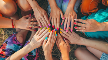 A group of friends comparing their colorful manicures in an outdoor setting.の素材