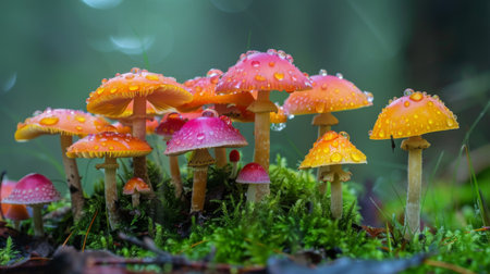 A group of colorful mushrooms sprouting from the forest floor after a rain.の素材