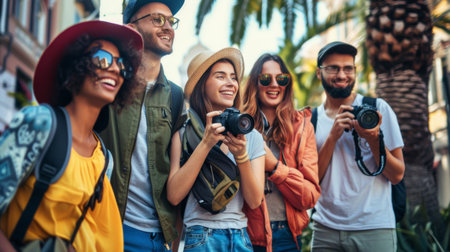 A group of friends exploring a new city, taking photos and enjoying the sights.の素材