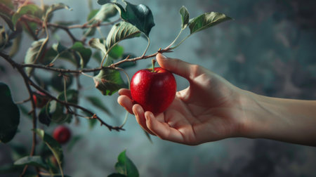 A hand reaching for a ripe apple from a fruit tree branch.の素材