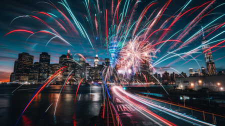 A long exposure shot capturing the trails of fireworks over a city skyline.の素材