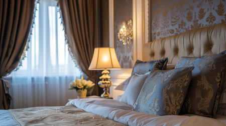 A luxurious bedroom with matching bedside lamps and elegant decor.の素材