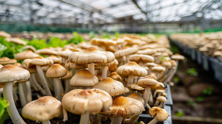 A mushroom farm with rows of cultivated mushrooms growing in a controlled environment.の素材