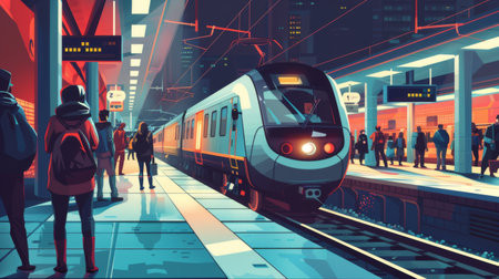 A modern commuter train arriving at a bustling urban station platform filled with passengers.の素材