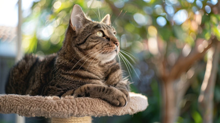 A plump tabby cat perched on a cat tree, surveying its surroundings lazily.の素材