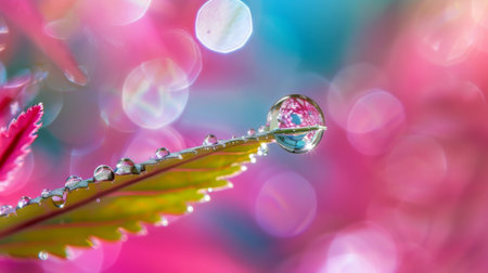 A macro shot of a single water droplet balancing on the tip of a leaf.の素材