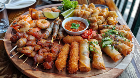 A platter of Thai appetizers including spring rolls, fish cakes, and satay skewers.の素材