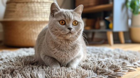 A round-faced British Shorthair cat sitting on a plush rug, looking adorable.の素材