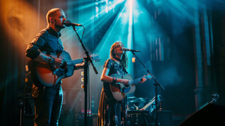 A male and female vocalist harmonizing melodies with acoustic instruments on stage.の素材