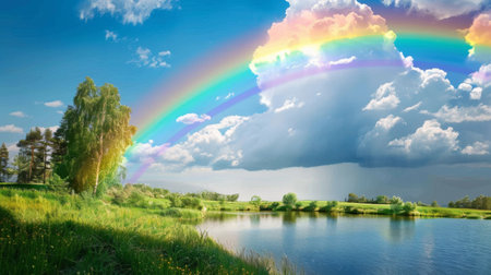 A rainbow arching over a tranquil countryside under a blue sky.の素材