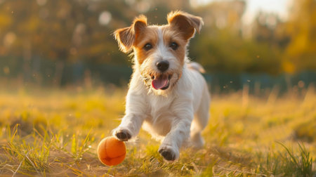 Dog running joyfully across a wide-open grass field, chasing a ball.の素材