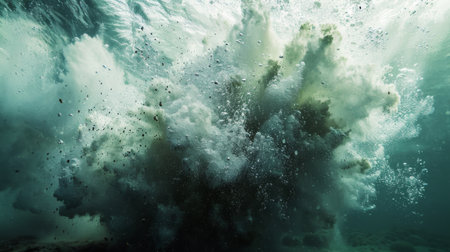 A controlled explosion underwater, creating a bubble burst and spray.の素材