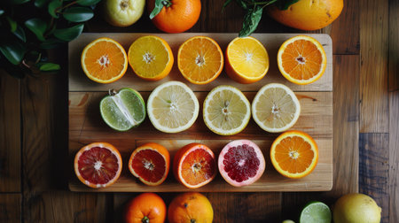 A cutting board with a variety of sliced fruits, ready for juicing.の素材