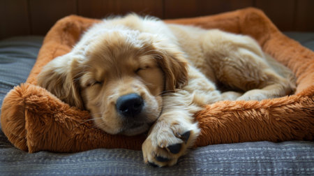 A golden retriever puppy sleeping peacefully in a cozy dog bed indoors.の素材