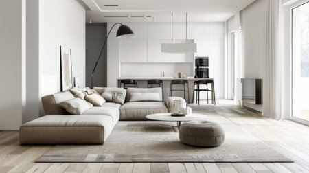 A minimalist floor lamp in a modern, open-plan living space.の素材