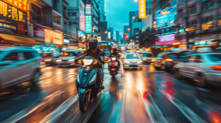 A motorbike taxi weaving through traffic on a congested city street.の素材